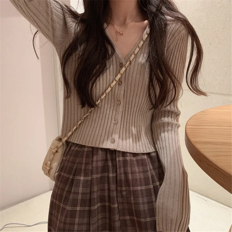 "6 COLOR STRIPED V-NECK STRETCH" KNIT CARDIGAN Y010807