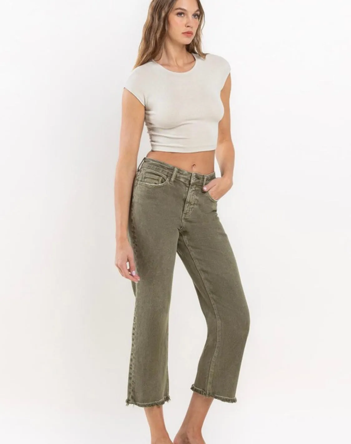 RESTOCKED!!!High Rise Raw Hem Straight Ankle Jeans Olive