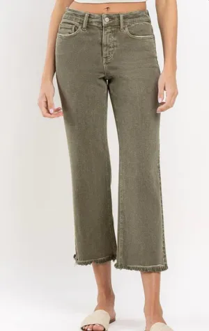 RESTOCKED!!!High Rise Raw Hem Straight Ankle Jeans Olive