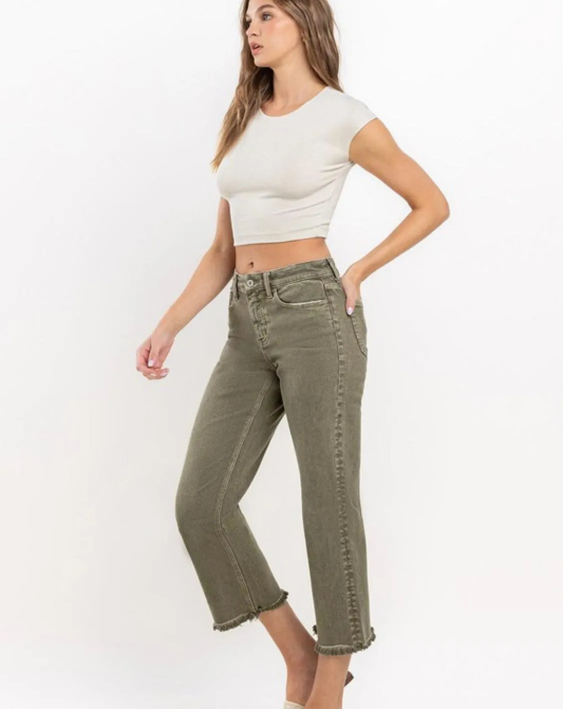 RESTOCKED!!!High Rise Raw Hem Straight Ankle Jeans Olive