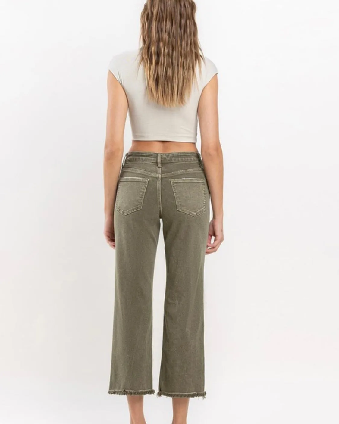 RESTOCKED!!!High Rise Raw Hem Straight Ankle Jeans Olive