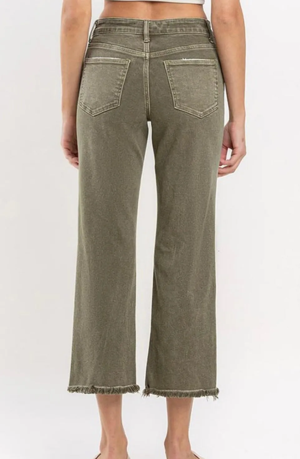 RESTOCKED!!!High Rise Raw Hem Straight Ankle Jeans Olive
