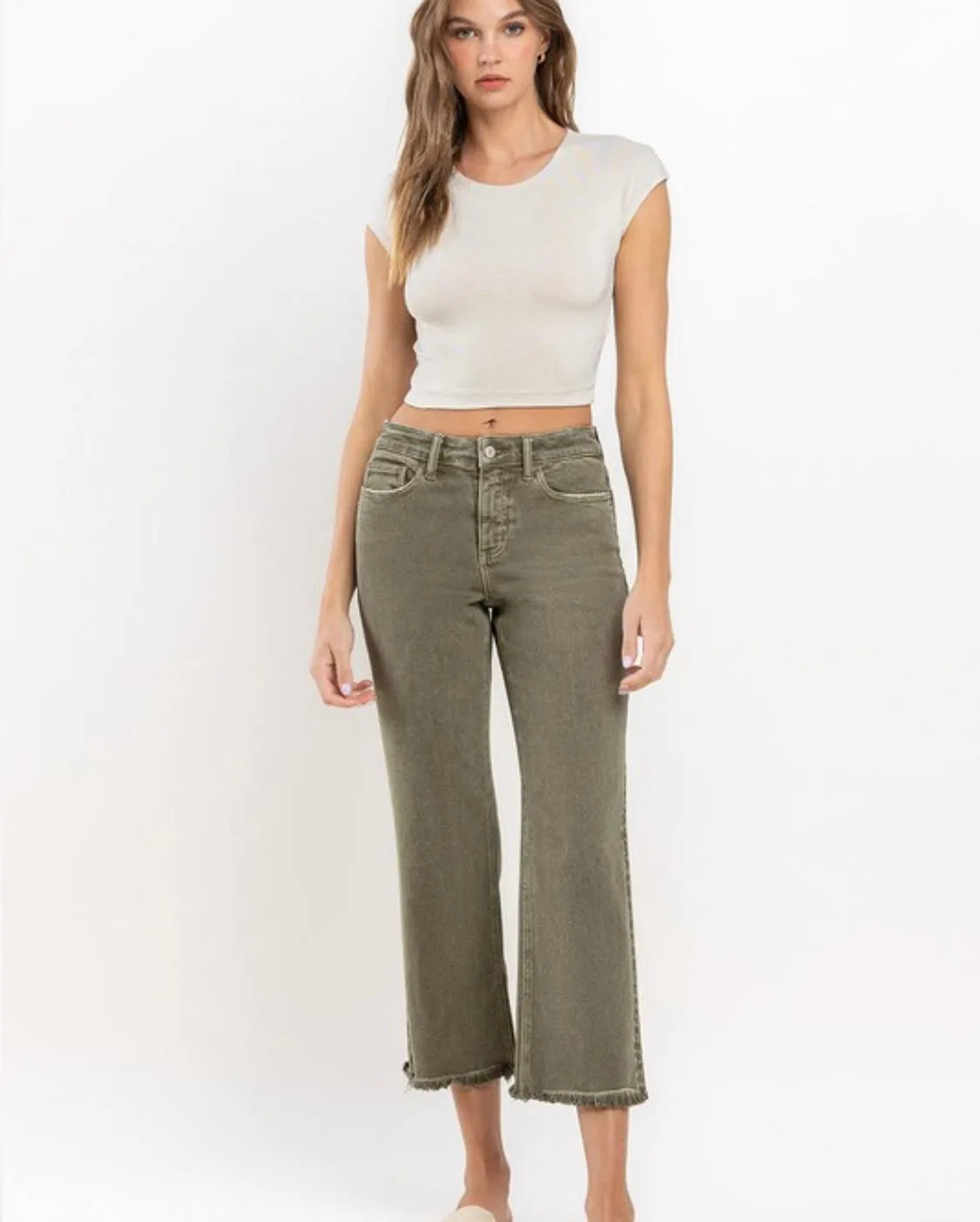 RESTOCKED!!!High Rise Raw Hem Straight Ankle Jeans Olive