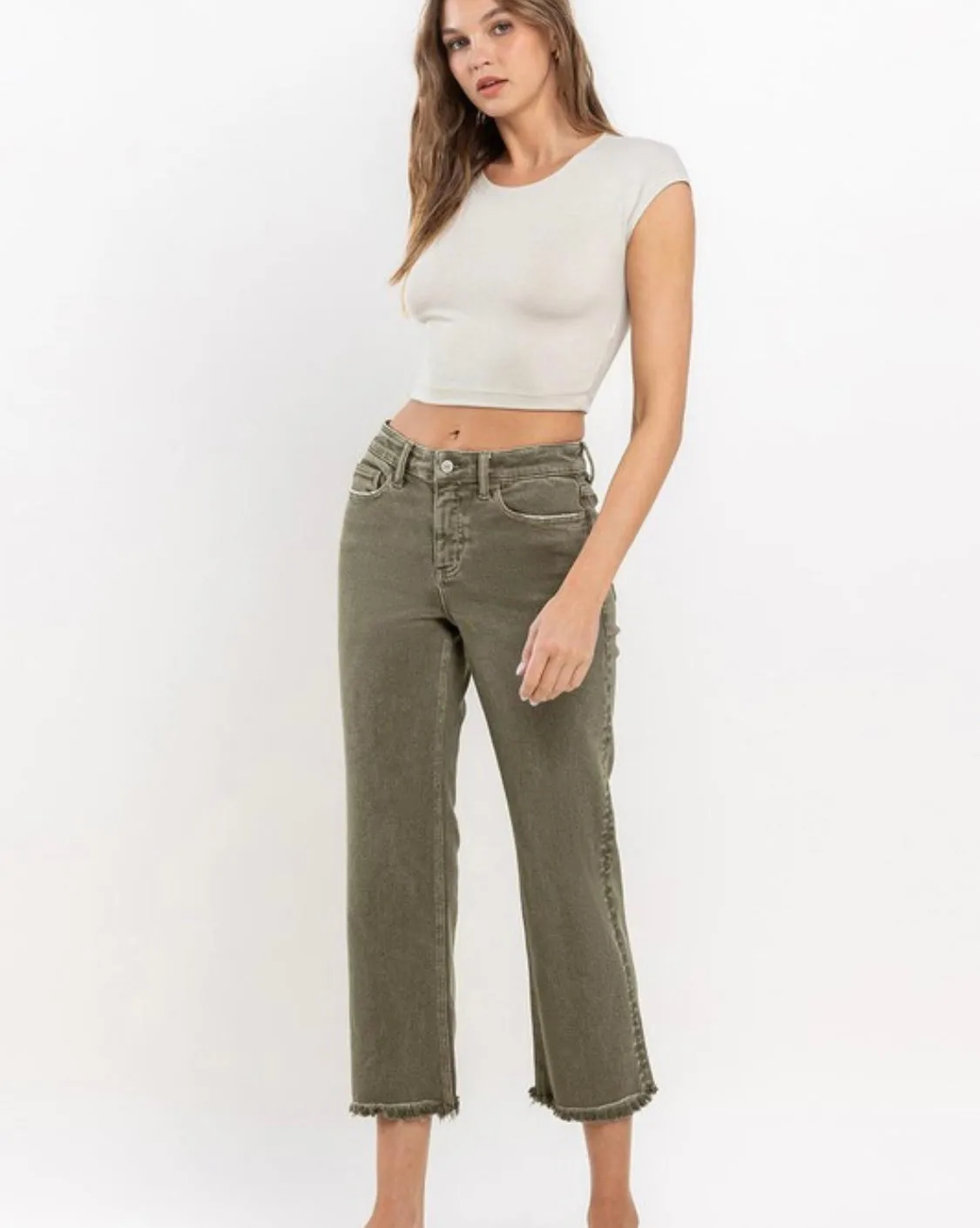 RESTOCKED!!!High Rise Raw Hem Straight Ankle Jeans Olive
