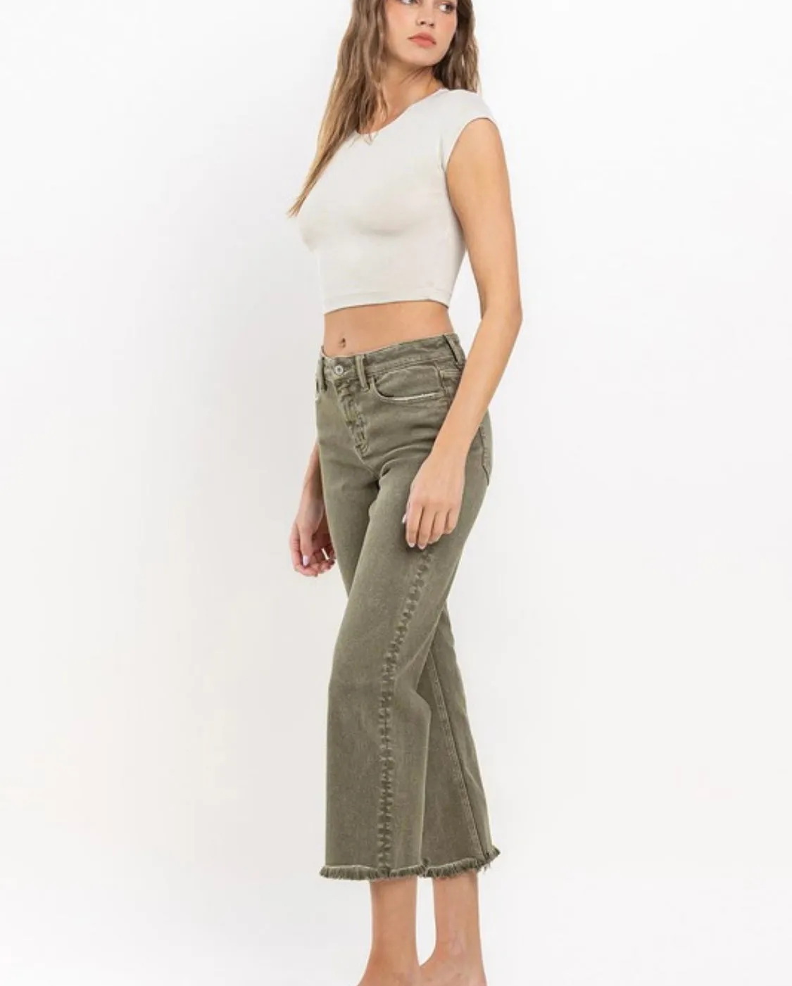 RESTOCKED!!!High Rise Raw Hem Straight Ankle Jeans Olive