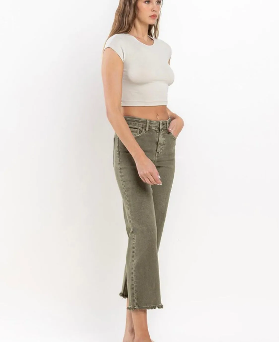 RESTOCKED!!!High Rise Raw Hem Straight Ankle Jeans Olive