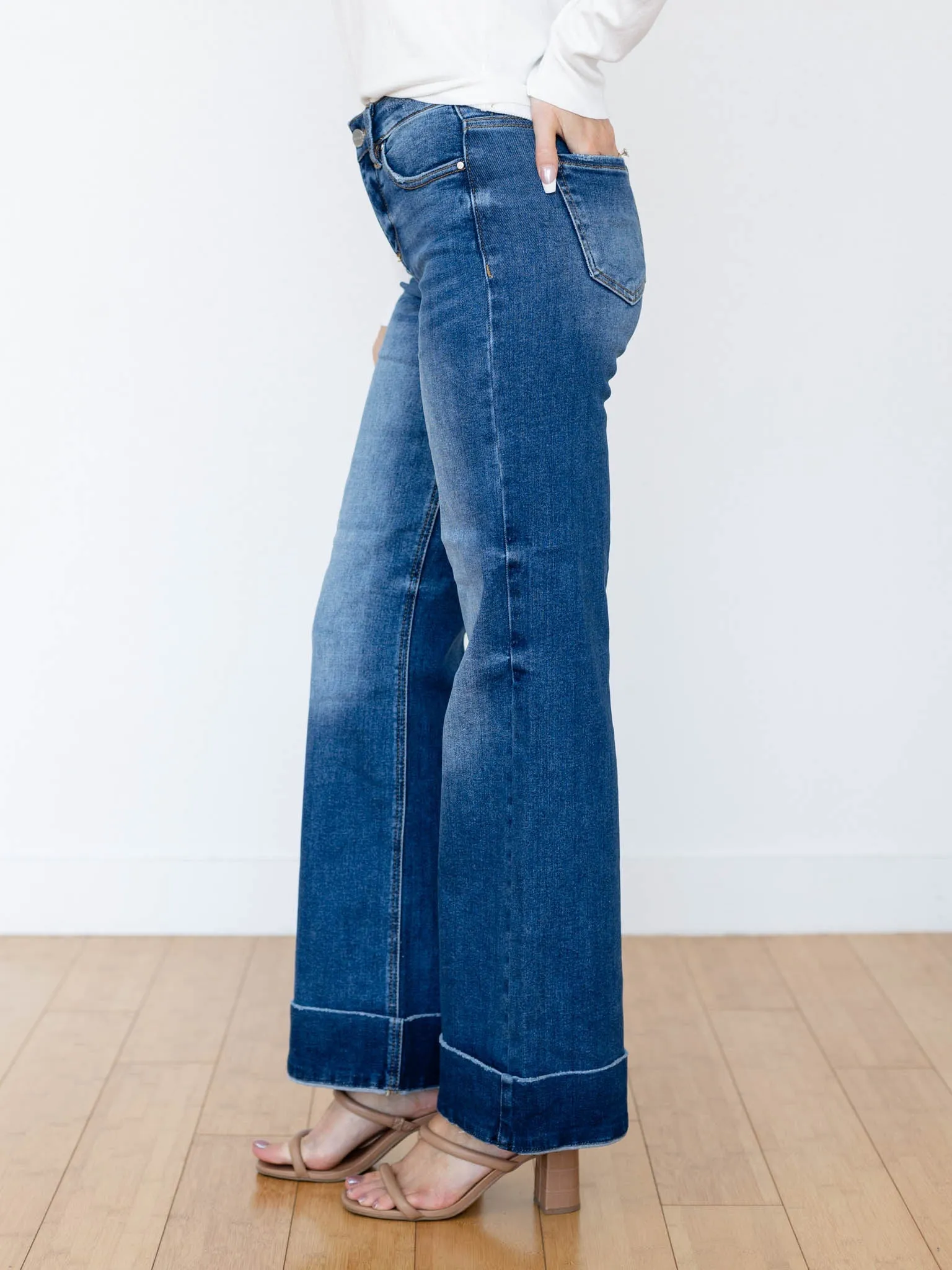 RISEN Dark High Rise Ankle Wide Cuffed Jeans