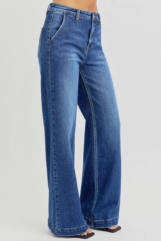Risen High Rise Wide Leg Pocket Jeans •Dark•
