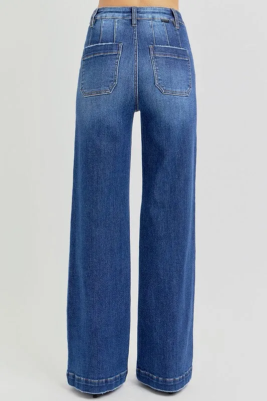 Risen High Rise Wide Leg Pocket Jeans •Dark•
