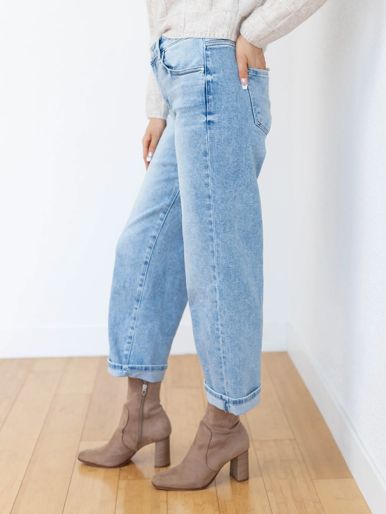 RISEN Light Mid Rise Ankle Barrel Turn Up Cuffed Jeans
