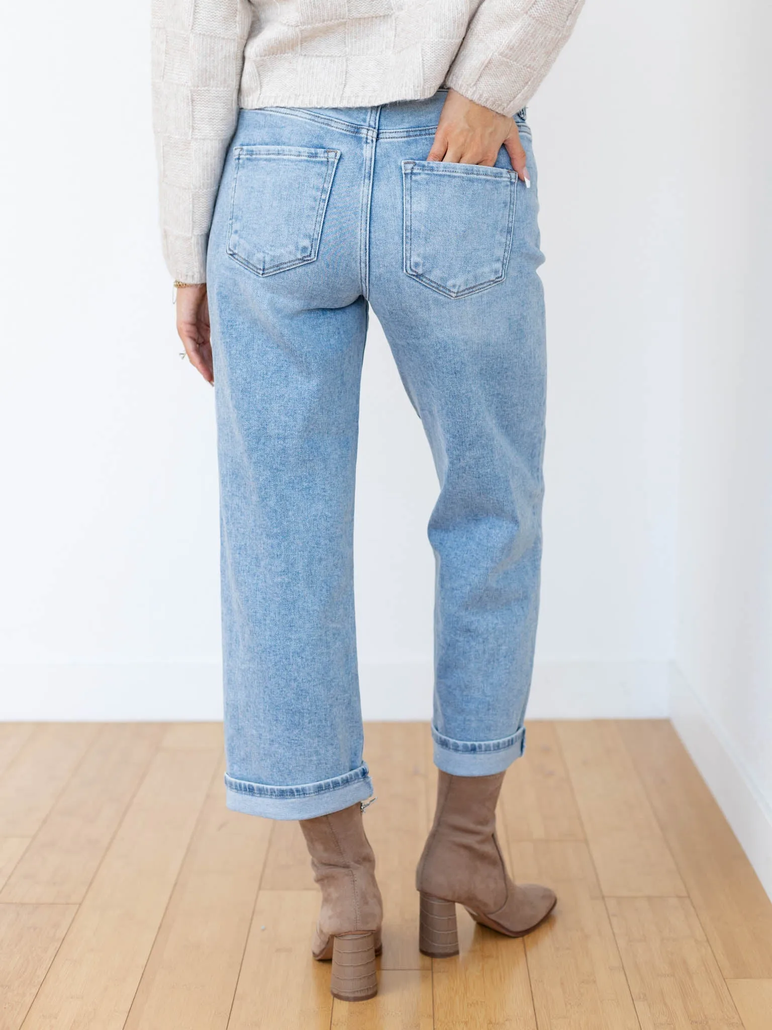 RISEN Light Mid Rise Ankle Barrel Turn Up Cuffed Jeans