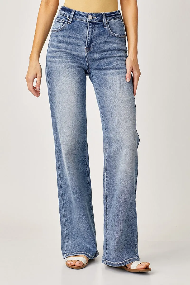 Risen Mid Rise Wide Leg Jeans