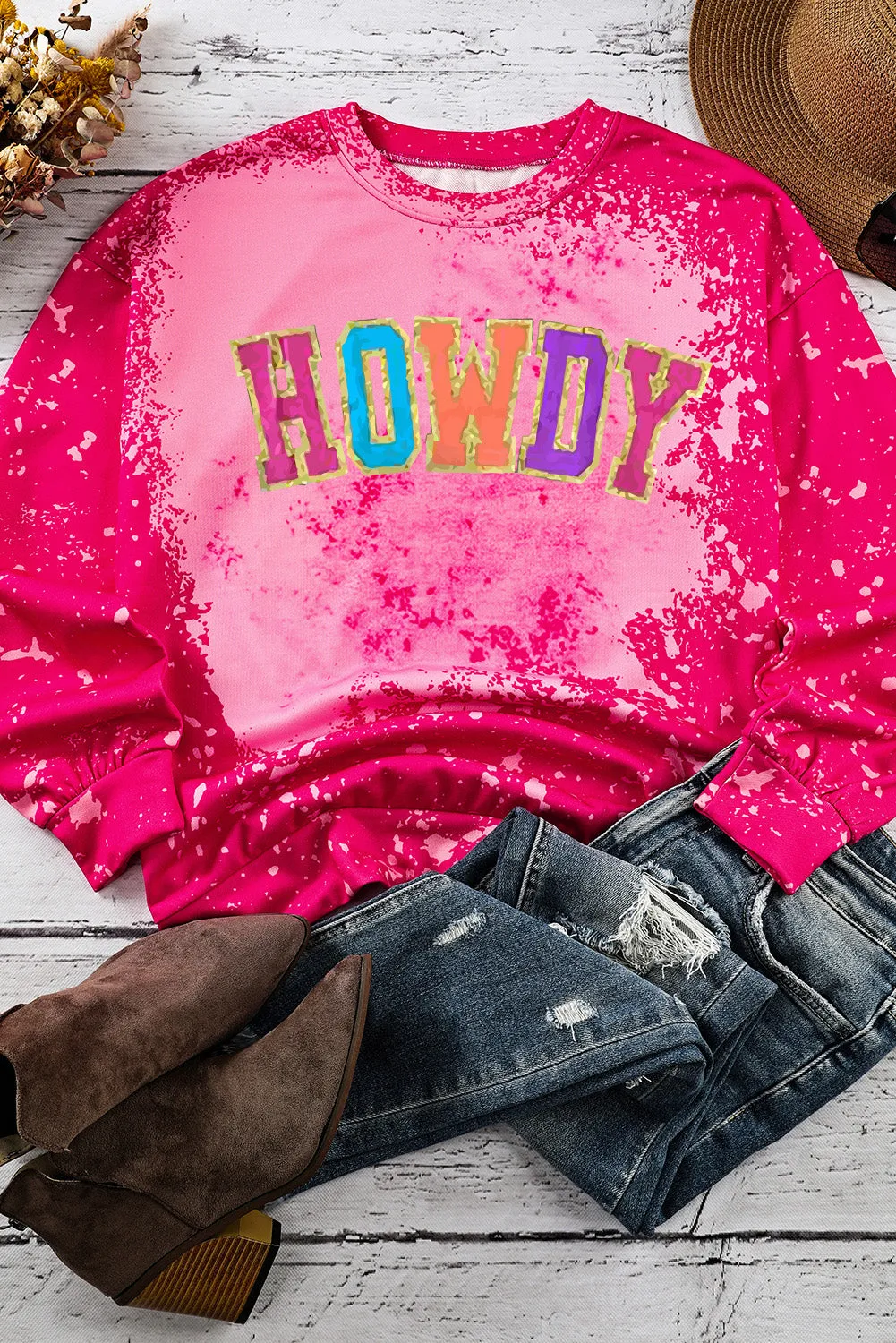 Rose Glitter HOWDY Graphic Western Tie Dye Sweatshirt