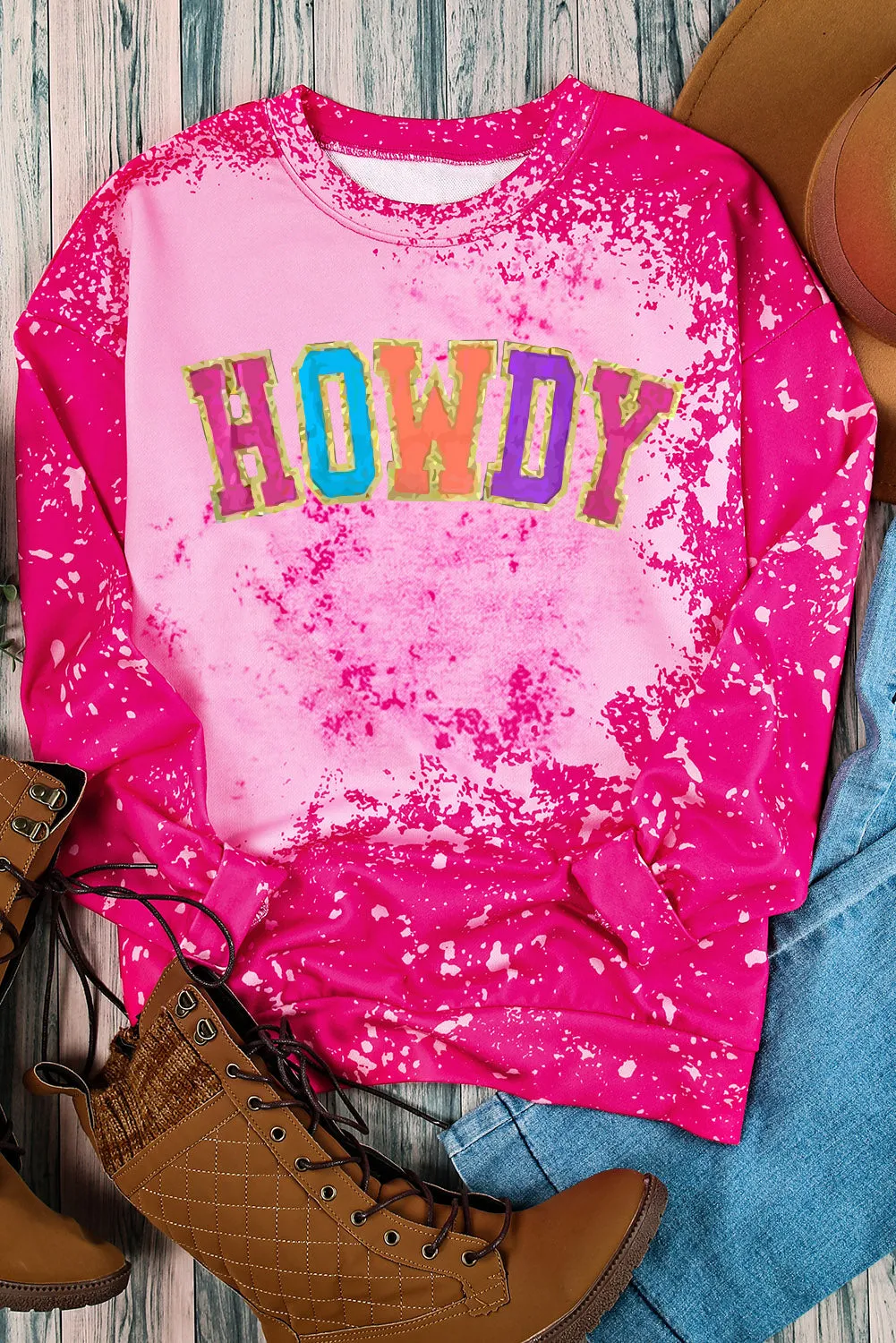 Rose Glitter HOWDY Graphic Western Tie Dye Sweatshirt
