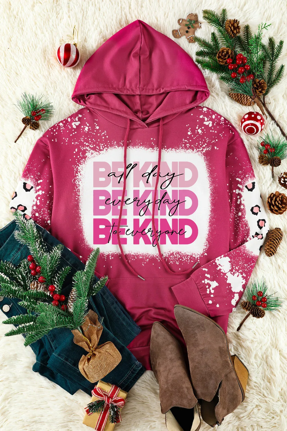 Rose Leopard Bleached Print BE KIND Graphic Hoodie