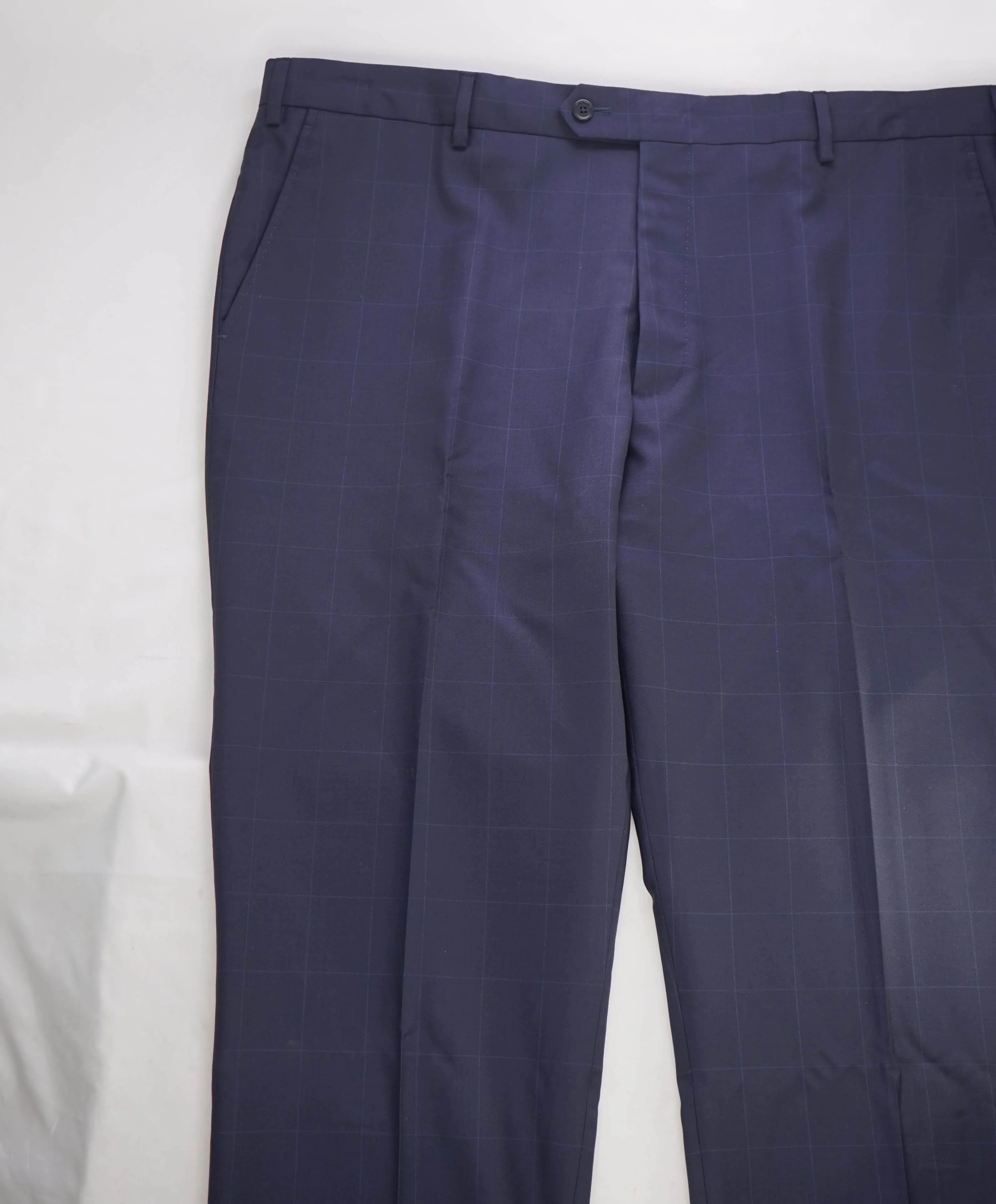 SAKS FIFTH AVE - Blue Check "Modern" Wool MADE IN ITALY Flat Front Dress Pants - 42W