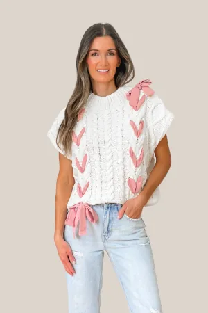 Satin Bow Knit Sweater - Cream and Pink