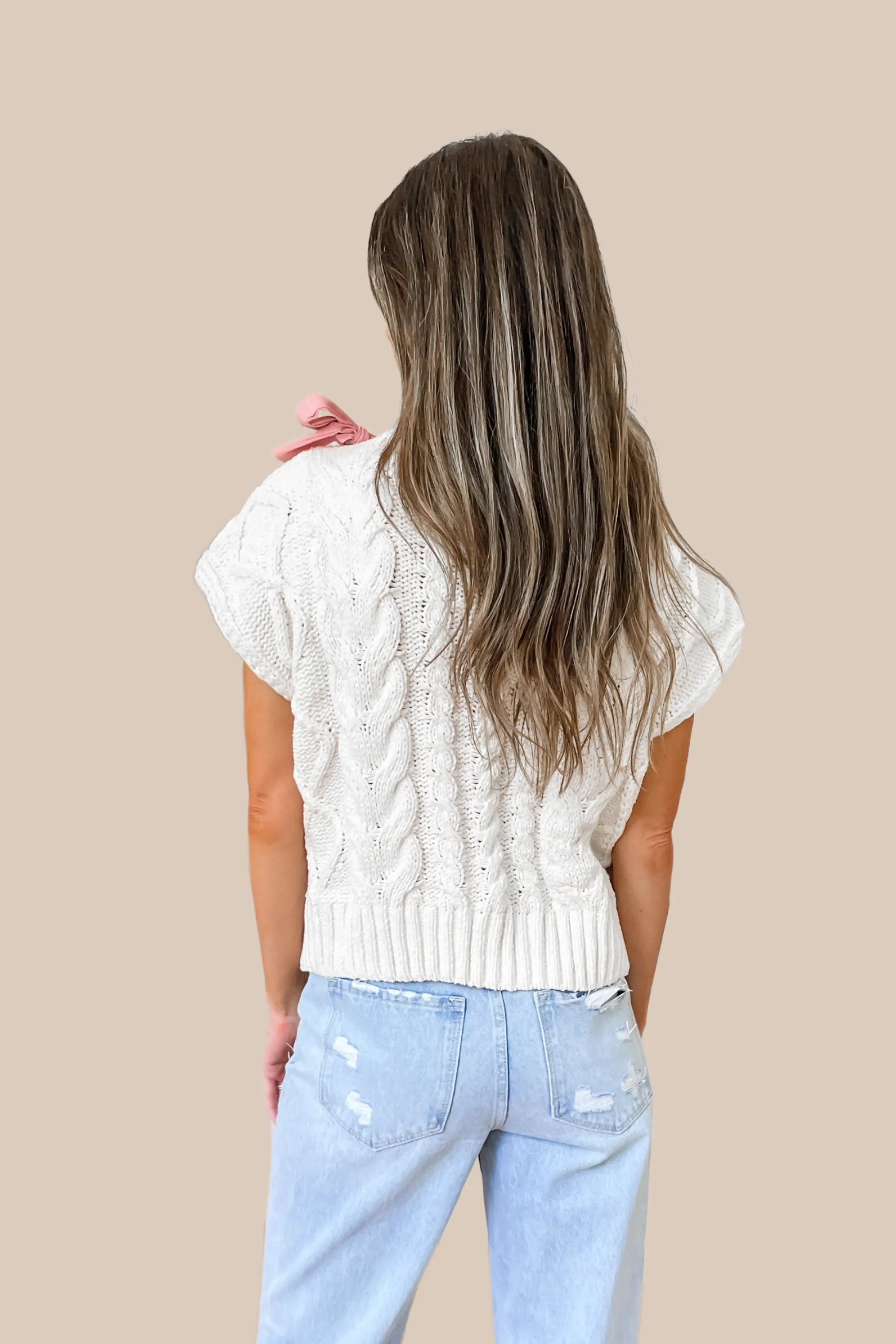 Satin Bow Knit Sweater - Cream and Pink