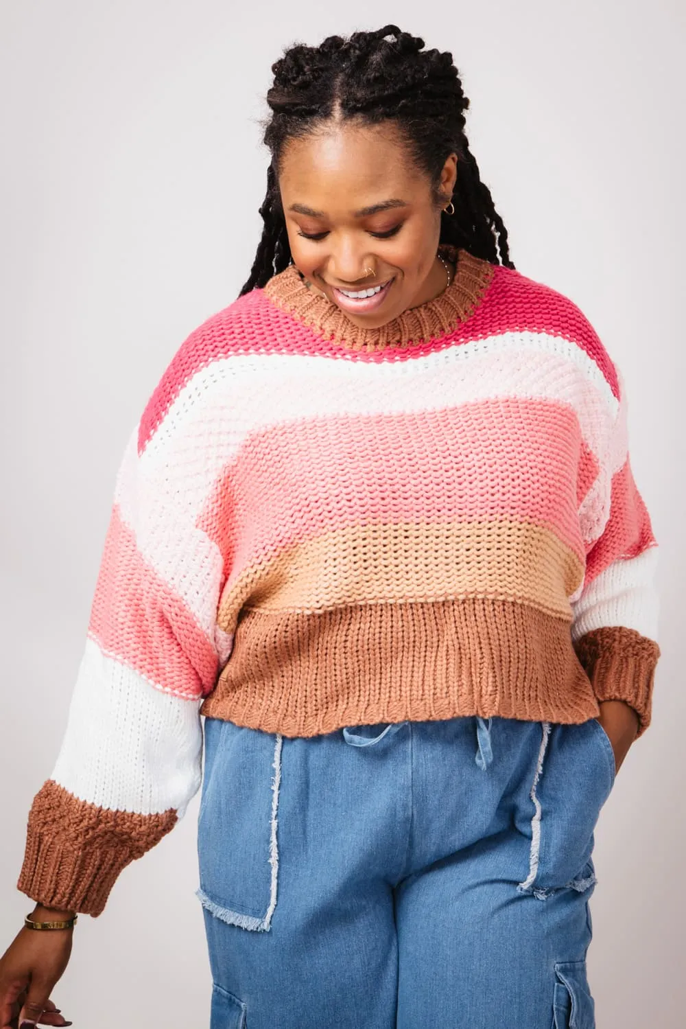 Simply Southern Striped Cropped Sweater for Women in Cranberry | PP-0224-SWTR-CLRSTRP-CRNBRRY