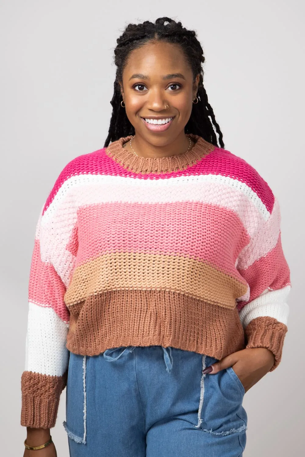 Simply Southern Striped Cropped Sweater for Women in Cranberry | PP-0224-SWTR-CLRSTRP-CRNBRRY
