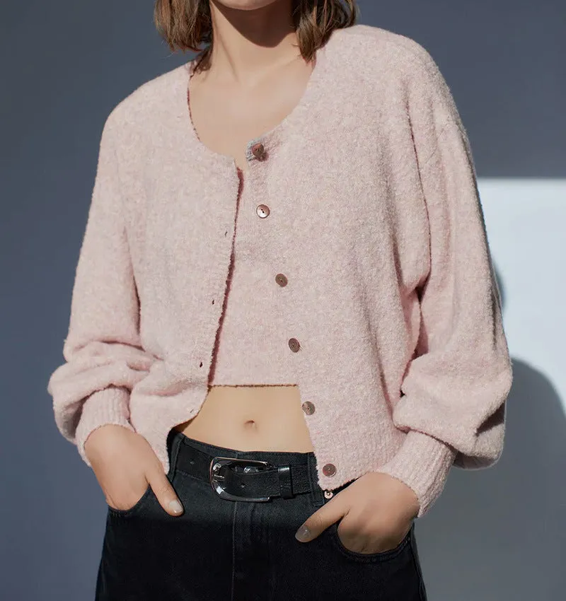 Splicing Single-breasted Lantern Sleeve Cardigan Sweaters Tank Tops
