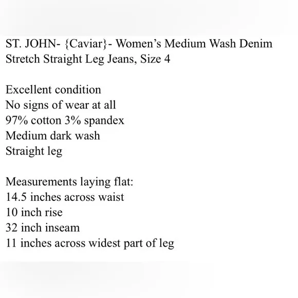 ST. JOHN- {Caviar}- Women’s Medium Wash Denim Stretch Straight Leg Jeans, Size 4
