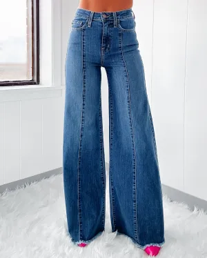 Star Frayed Wide Leg Flares - Medium Wash