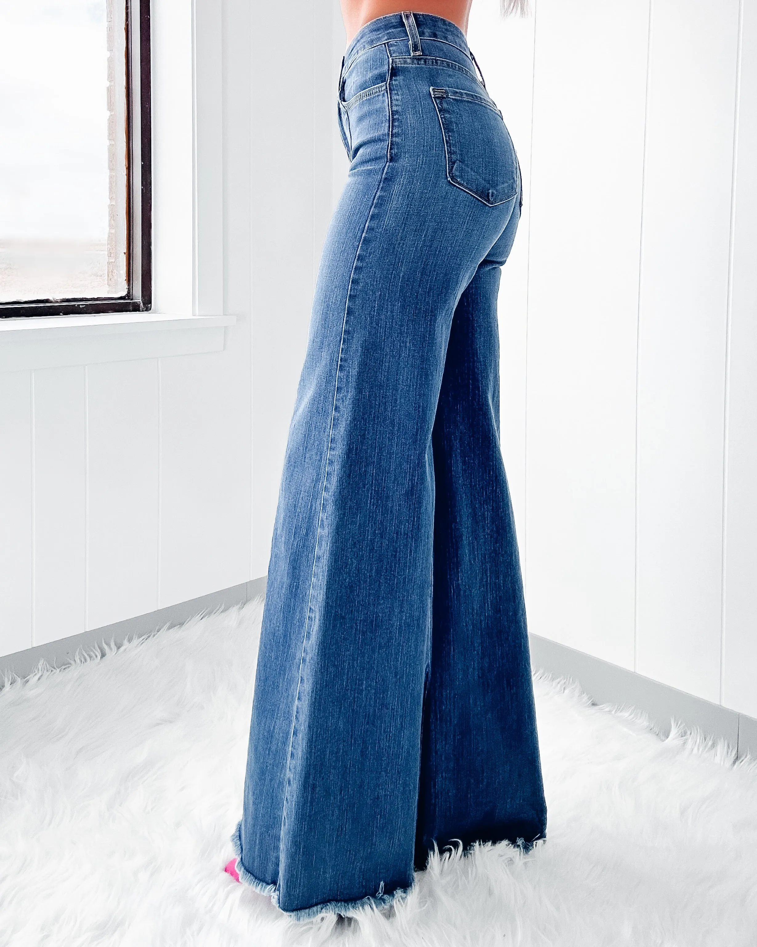 Star Frayed Wide Leg Flares - Medium Wash