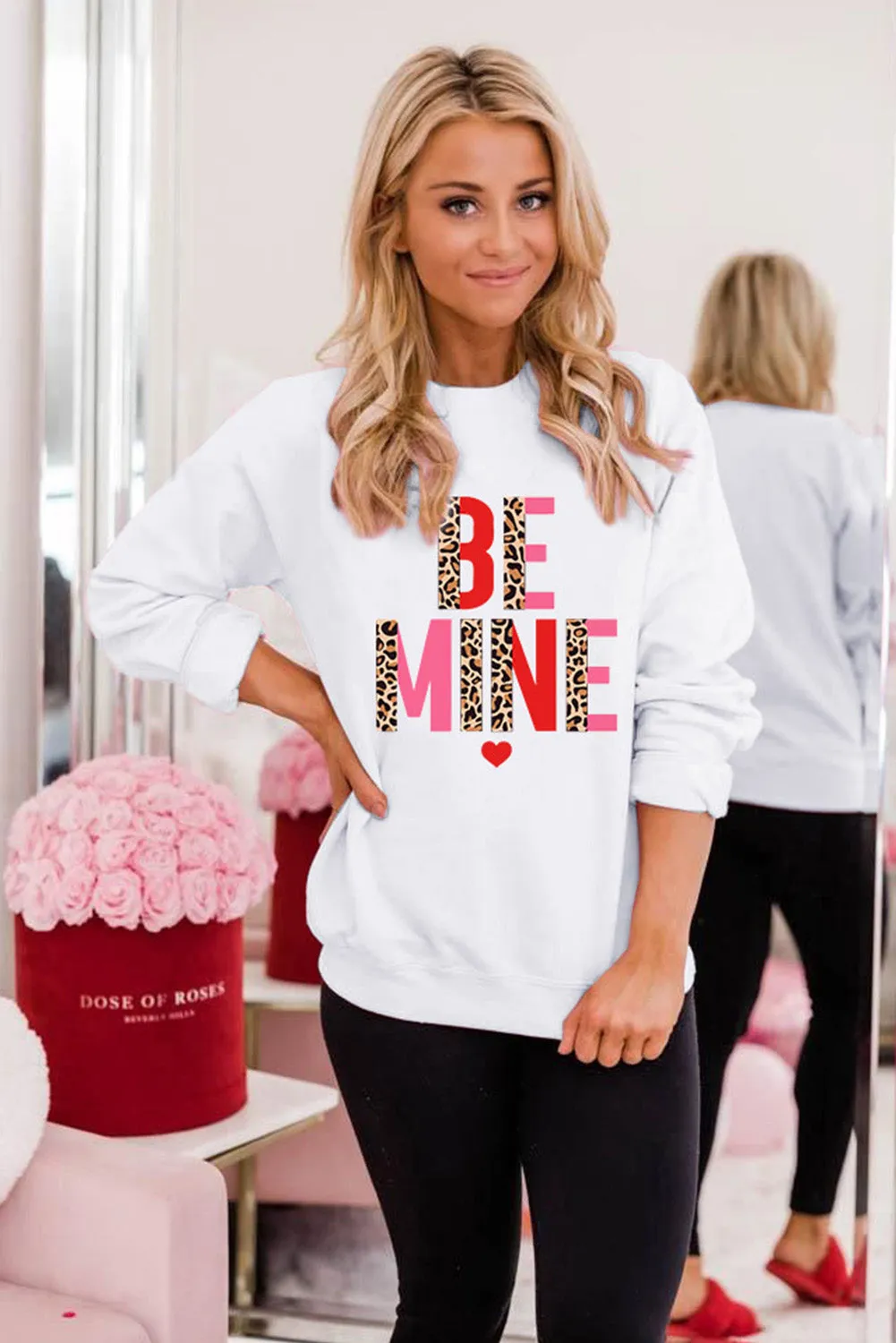 White BE MINE Leopard Heart Print Long Sleeve Sweatshirt
