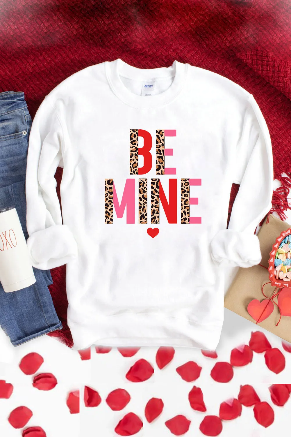 White BE MINE Leopard Heart Print Long Sleeve Sweatshirt