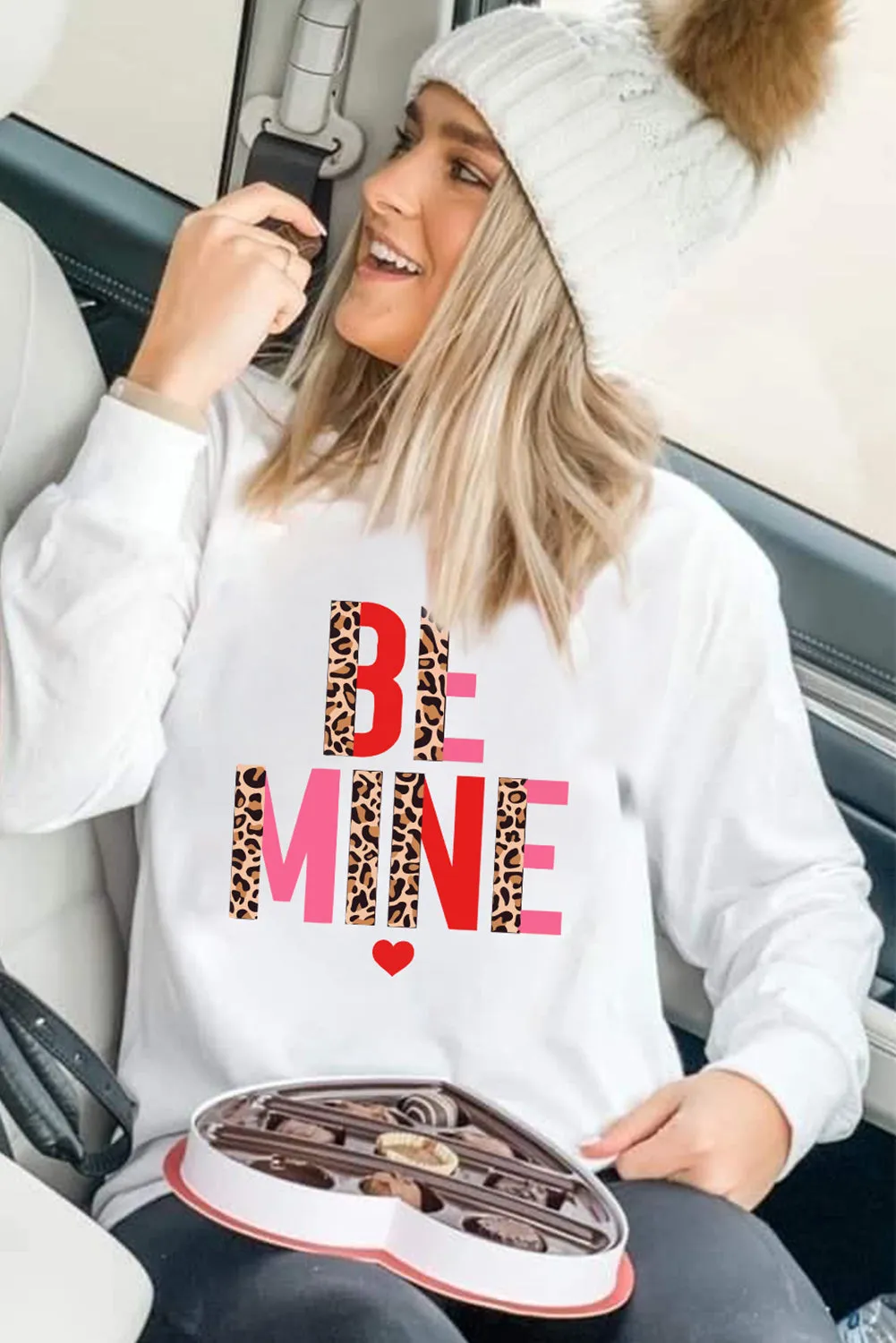 White BE MINE Leopard Heart Print Long Sleeve Sweatshirt