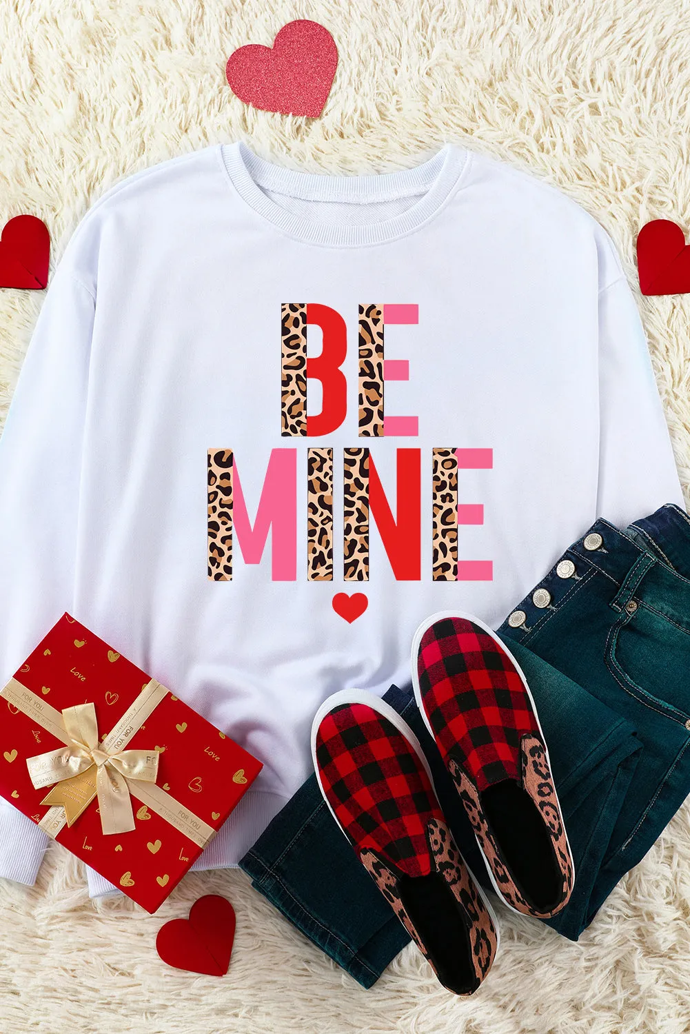 White BE MINE Leopard Heart Print Long Sleeve Sweatshirt