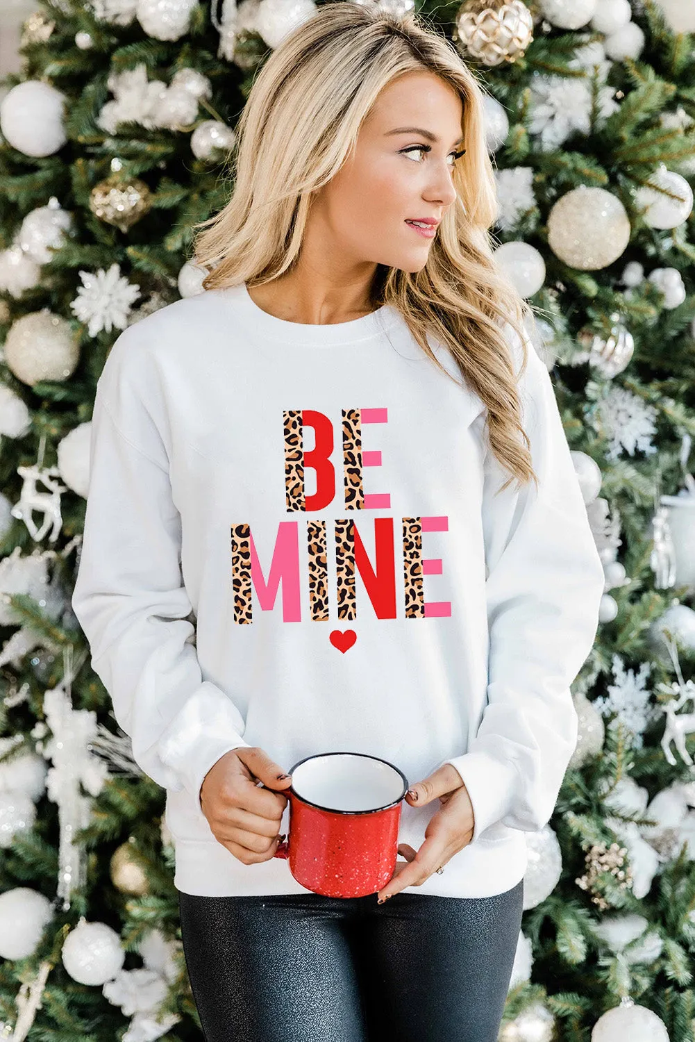 White BE MINE Leopard Heart Print Long Sleeve Sweatshirt