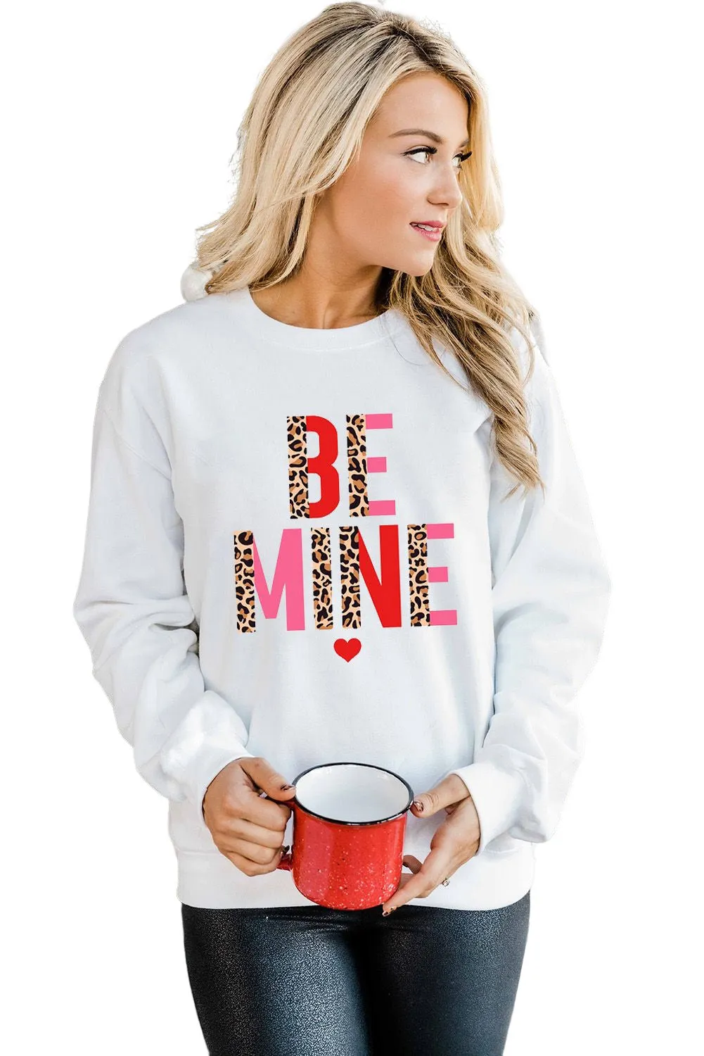 White BE MINE Leopard Heart Print Long Sleeve Sweatshirt