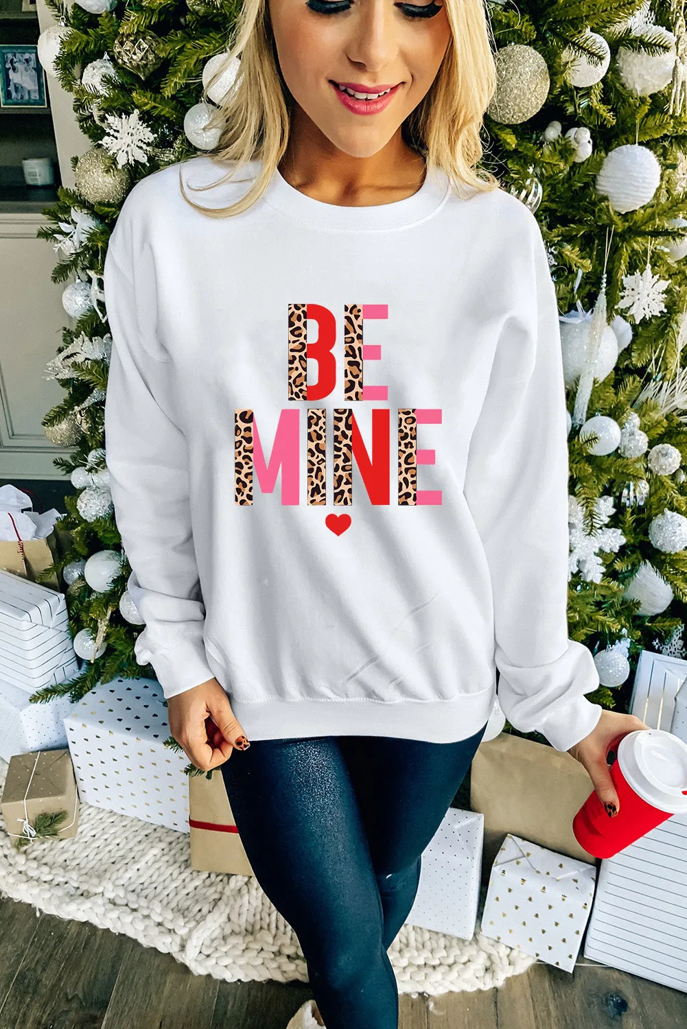White BE MINE Leopard Heart Print Long Sleeve Sweatshirt