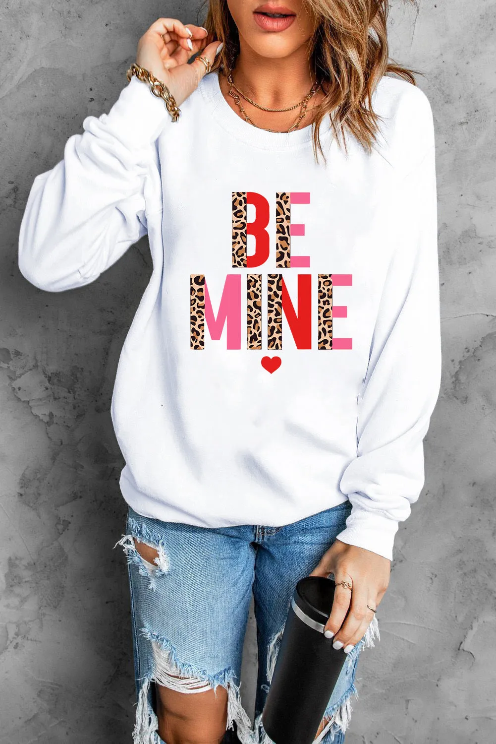 White BE MINE Leopard Heart Print Long Sleeve Sweatshirt
