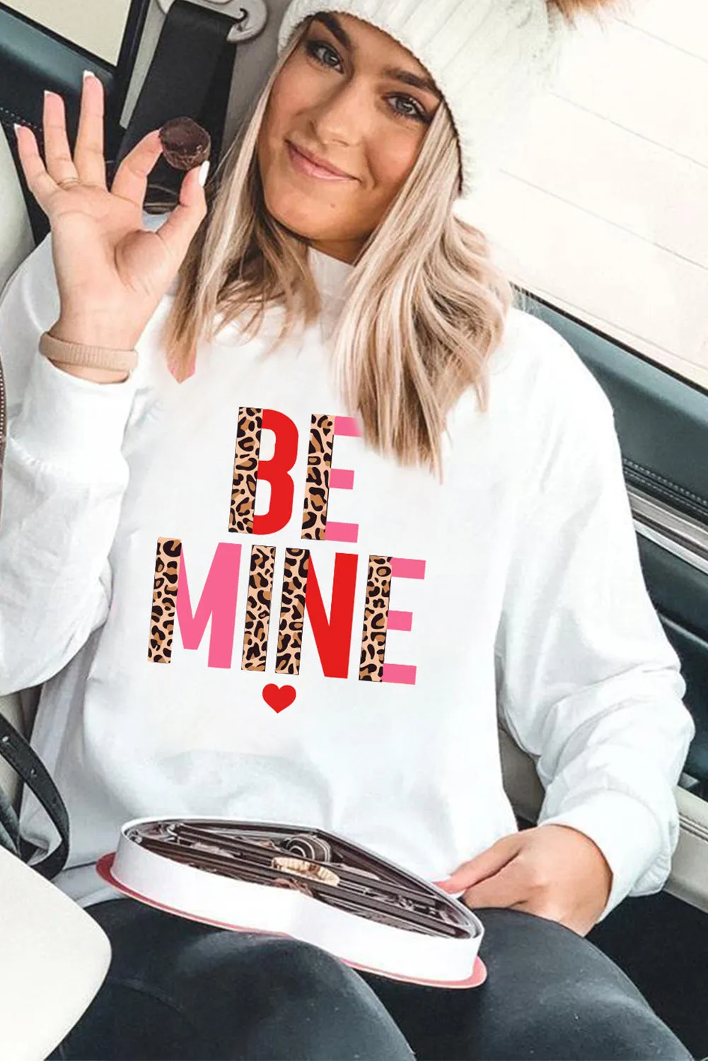 White BE MINE Leopard Heart Print Long Sleeve Sweatshirt