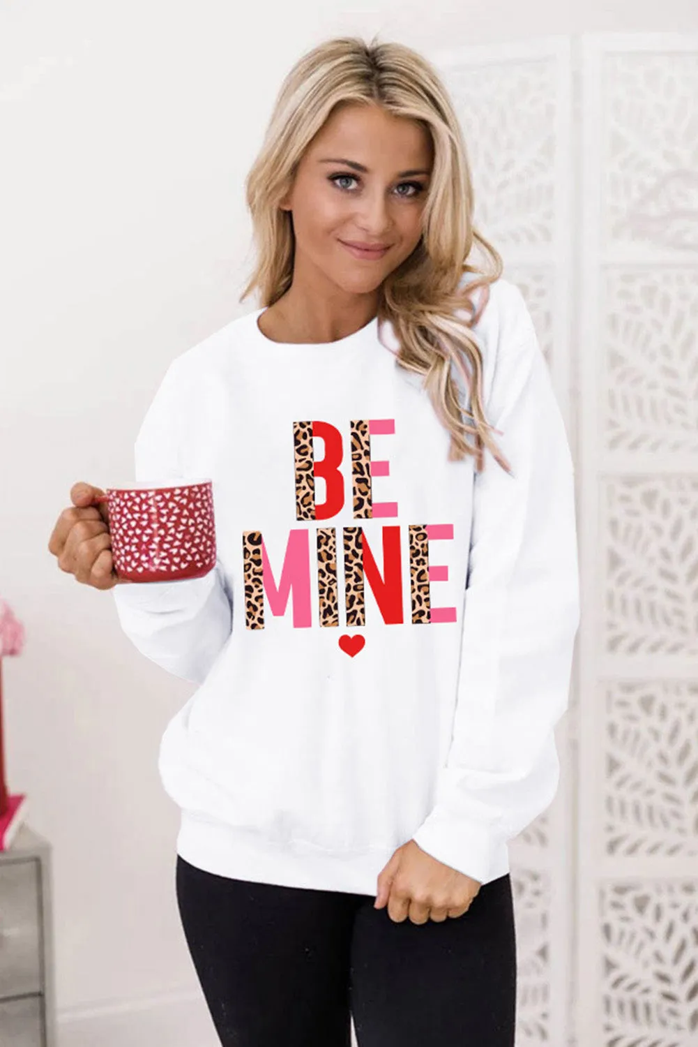White BE MINE Leopard Heart Print Long Sleeve Sweatshirt