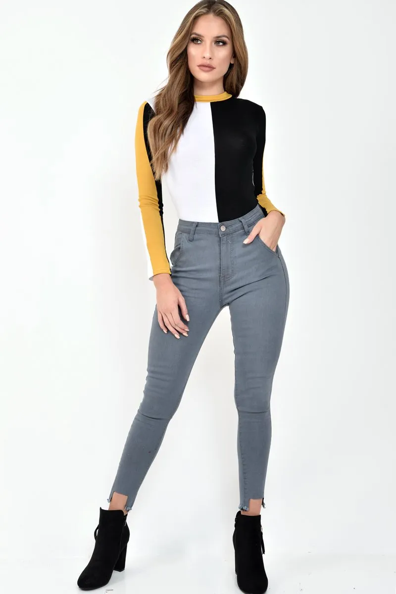 White Black and Mustard Contrast Long Sleeved Bodysuit - Lareen