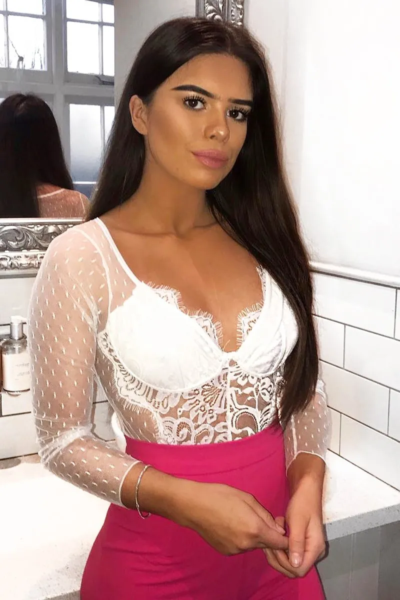 White Dobby Mesh Low Cut Bodysuit - Tamara