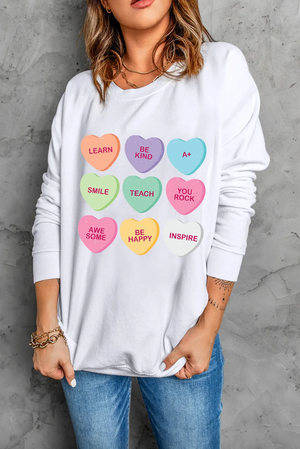 White Heart Shaped Slogan Print Drop Shoulder Sweatshirt