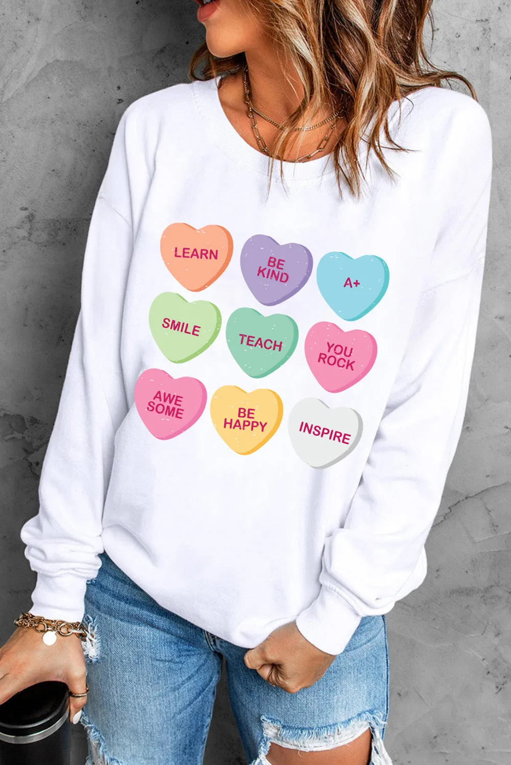 White Heart Shaped Slogan Print Drop Shoulder Sweatshirt