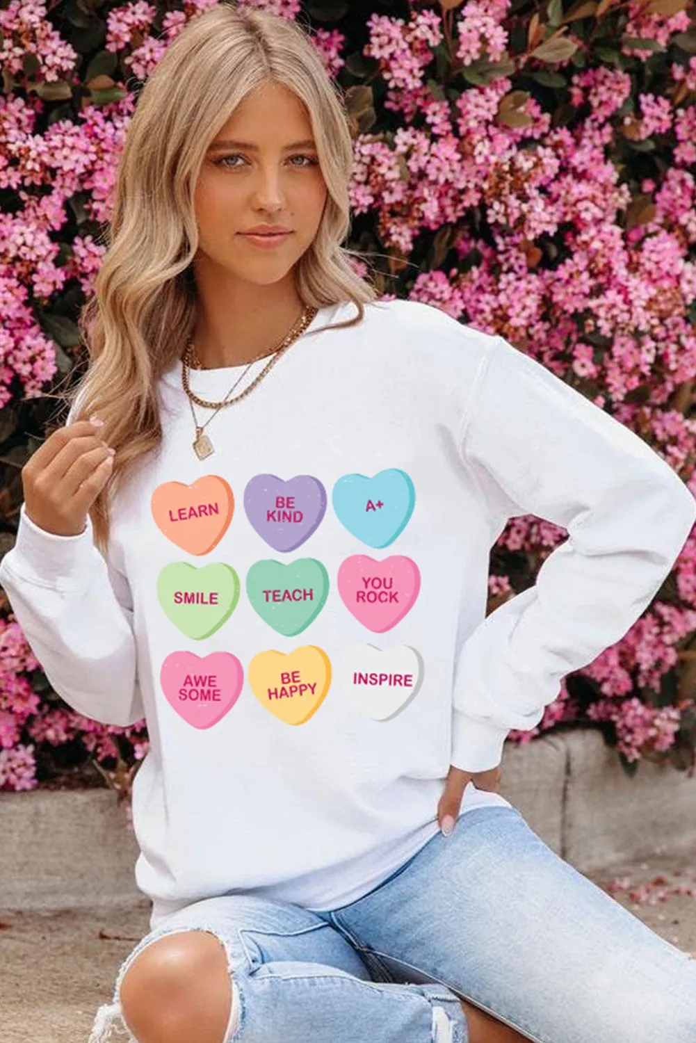 White Heart Shaped Slogan Print Drop Shoulder Sweatshirt