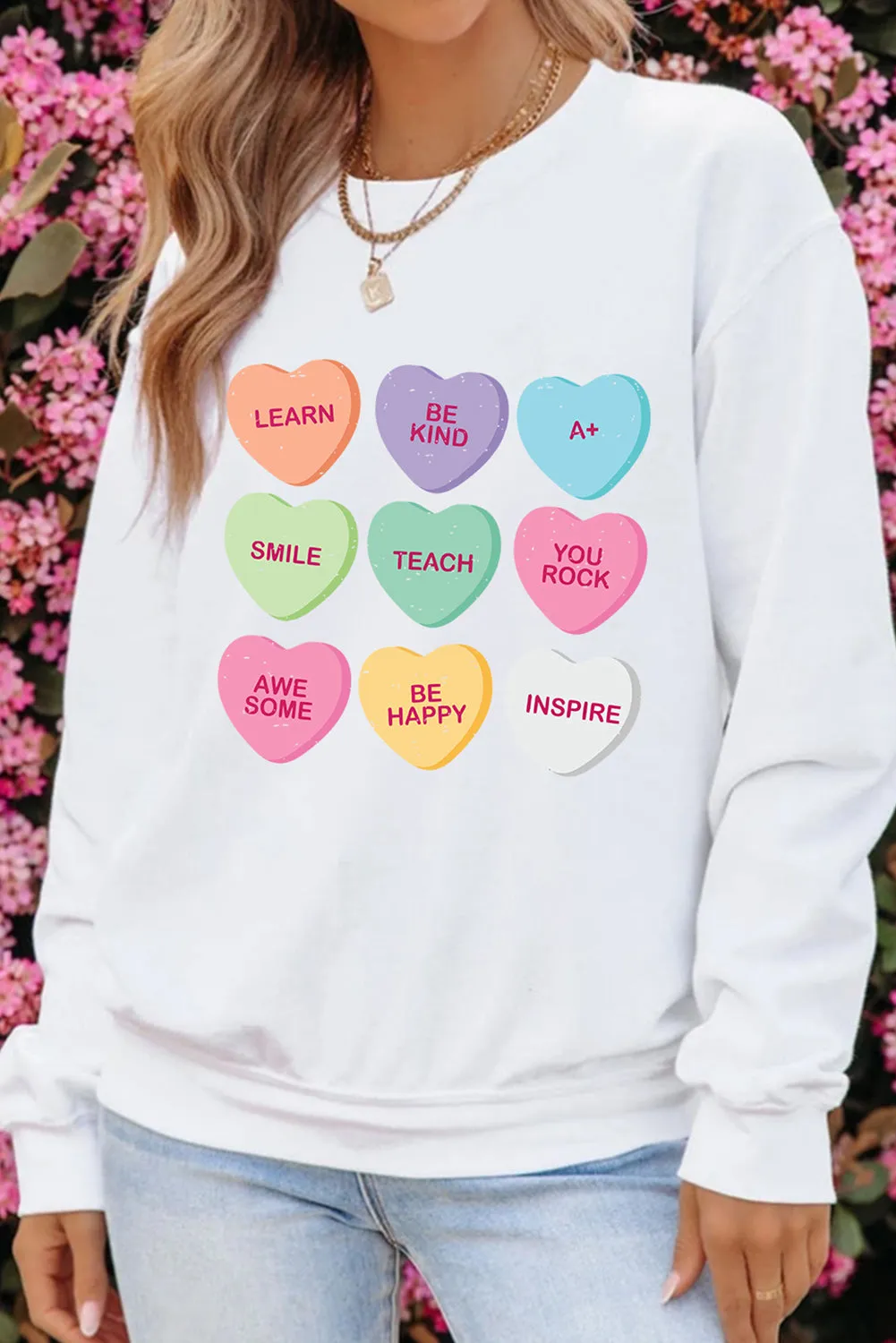 White Heart Shaped Slogan Print Drop Shoulder Sweatshirt