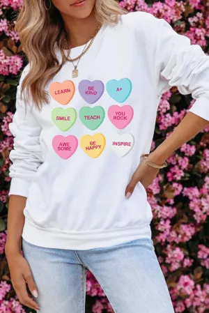 White Heart Shaped Slogan Print Drop Shoulder Sweatshirt
