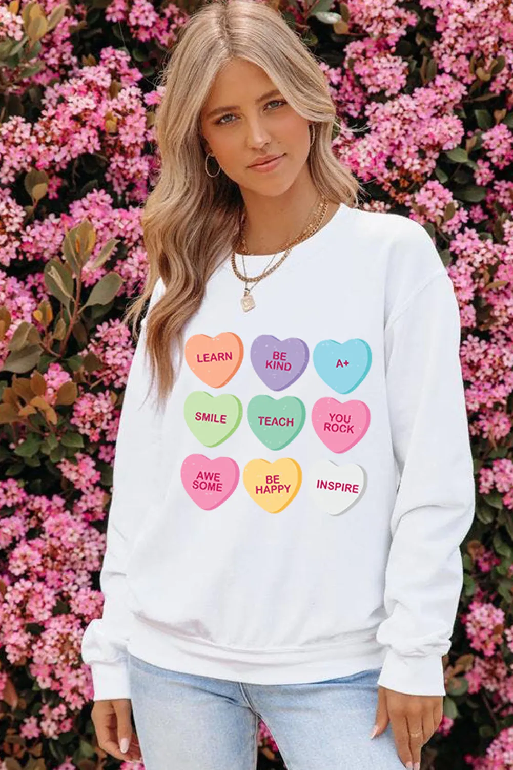 White Heart Shaped Slogan Print Drop Shoulder Sweatshirt
