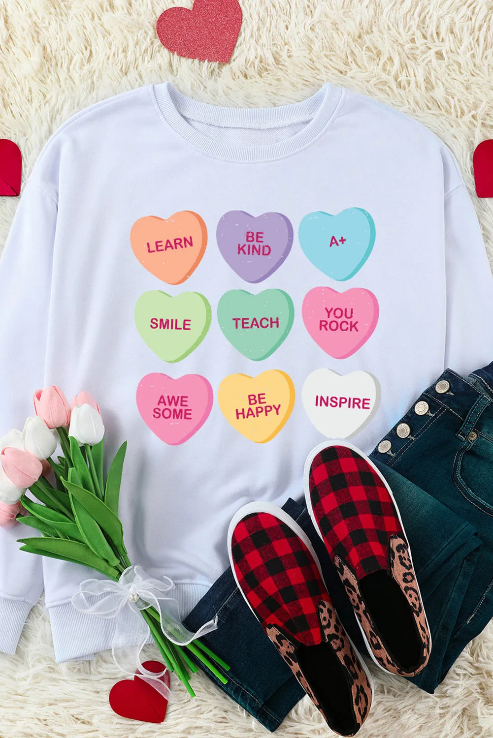 White Heart Shaped Slogan Print Drop Shoulder Sweatshirt