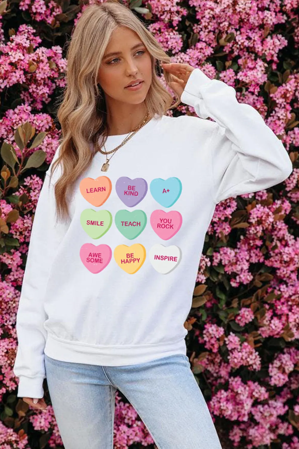 White Heart Shaped Slogan Print Drop Shoulder Sweatshirt