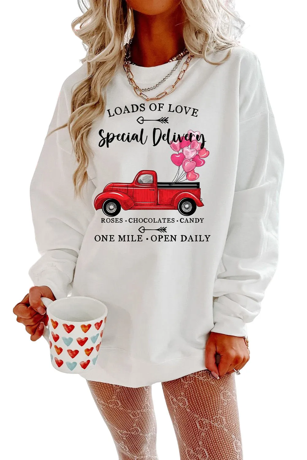 White Special Delivery Car Heart Print Oversized Sweatshirt