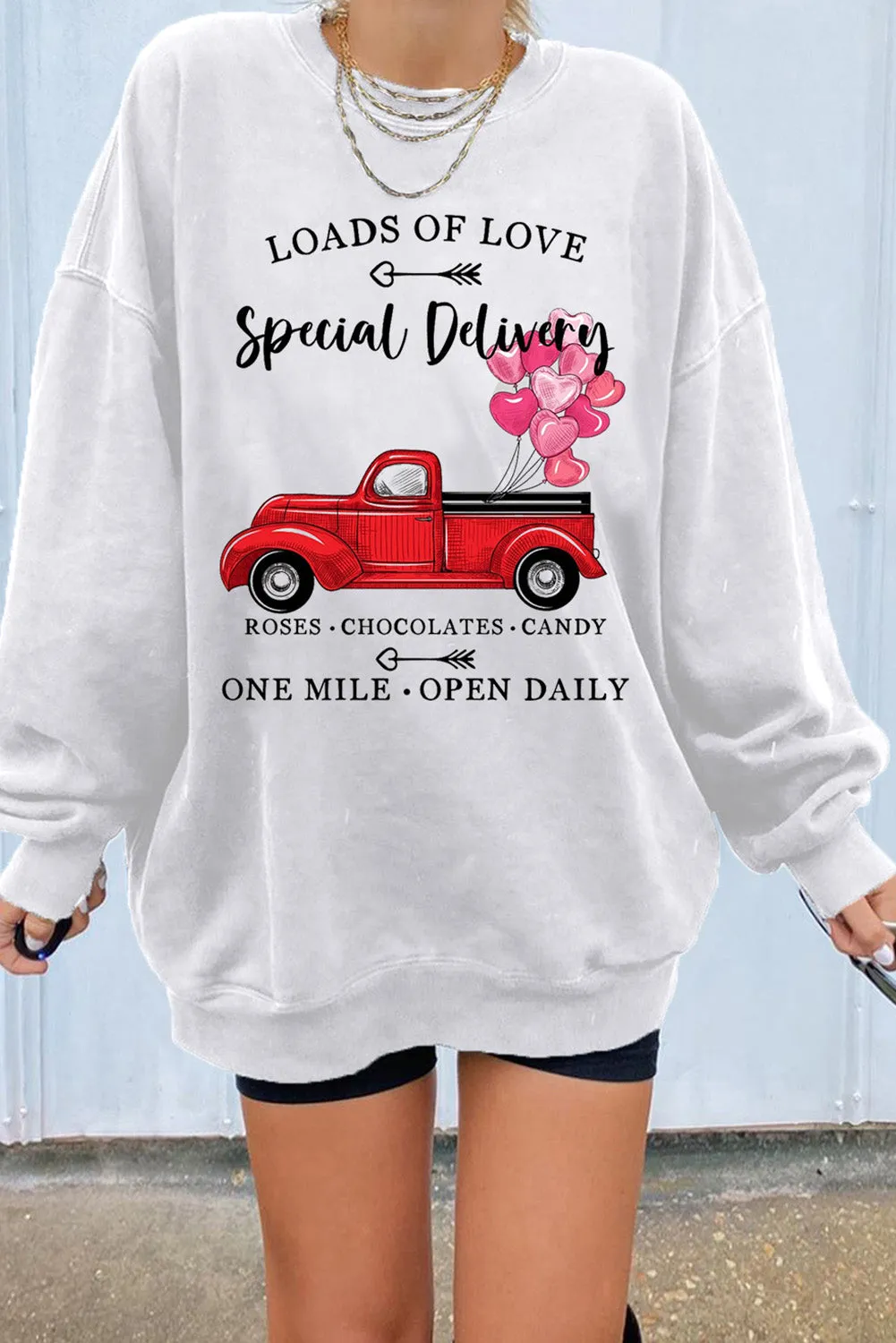 White Special Delivery Car Heart Print Oversized Sweatshirt